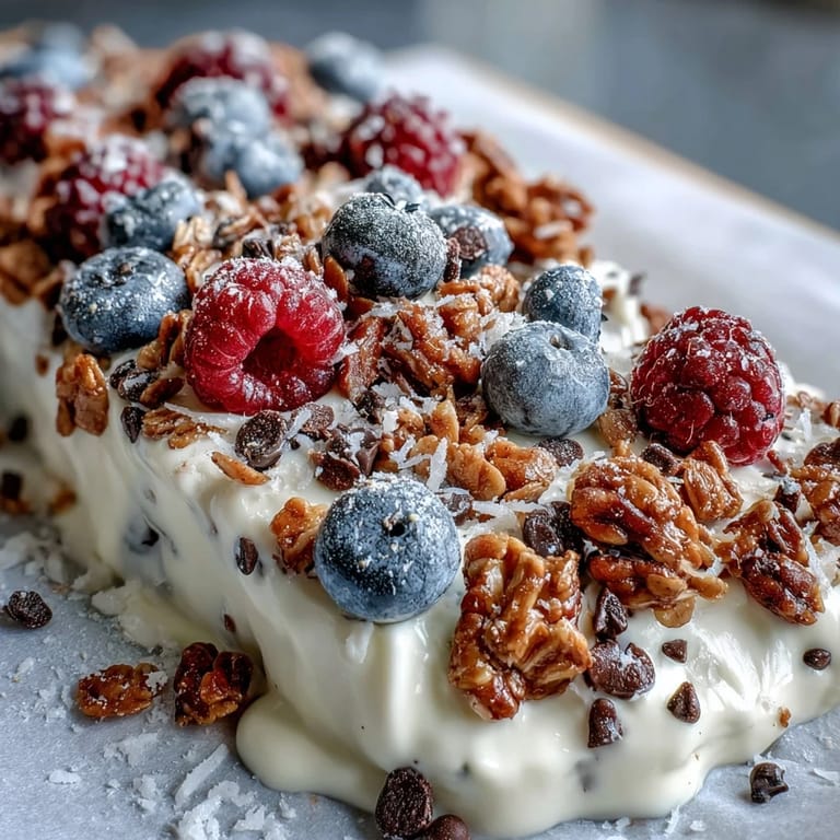 Creamy yogurt base topped with fresh berries and granola, then frozen into easy-to-share frozen yogurt bark squares.