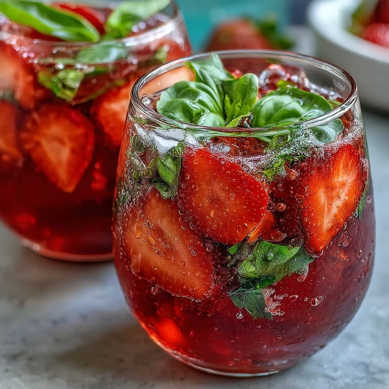 Vibrant strawberry basil sangria mocktail served over ice, with lemon, lime, and orange slices for a colorful, refreshing look.