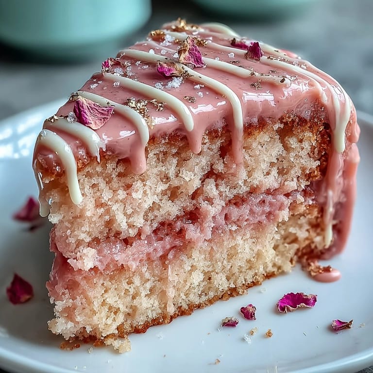 Moist Rosé Velvet Cake with smooth cream cheese icing and decadent golden drips.