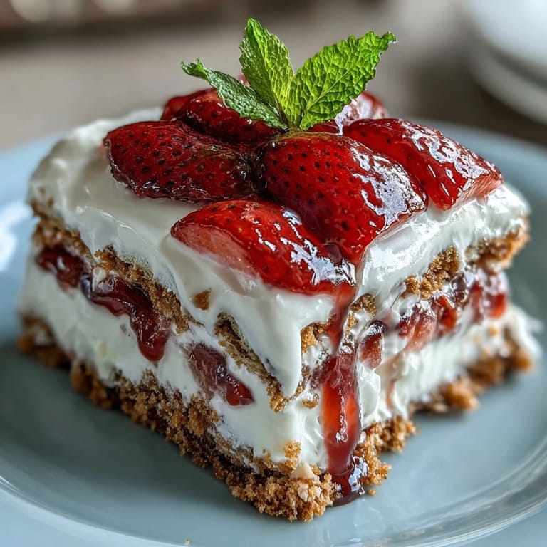 Enjoy a slice of this cool, layered icebox cake, abundant with fresh strawberries.