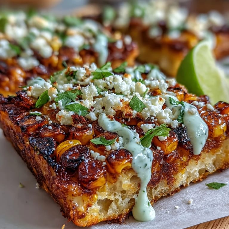 Festive street corn flatbread with creamy jalapeño crema, ideal for easy entertaining.