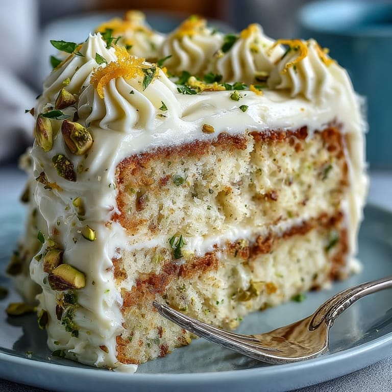 Decadent layered cake, bright lemon flavor with creamy pistachio frosting, perfect for celebrations.