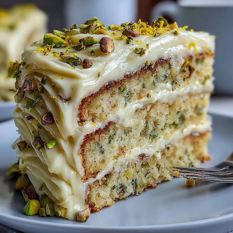 Festive citrus and nut confetti crowns this beautiful Spring Birthday Lemon Pistachio Cake.