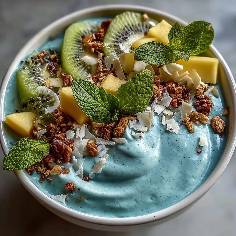 Vibrant blue spirulina smoothie bowl, a refreshing, healthy, fruit-topped breakfast masterpiece.