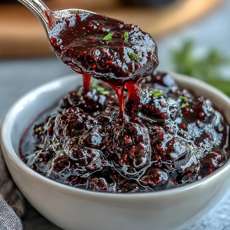 Close-up of rich, smooth Blackberry Jalapeño BBQ Sauce, bursting with garden freshness and heat.
