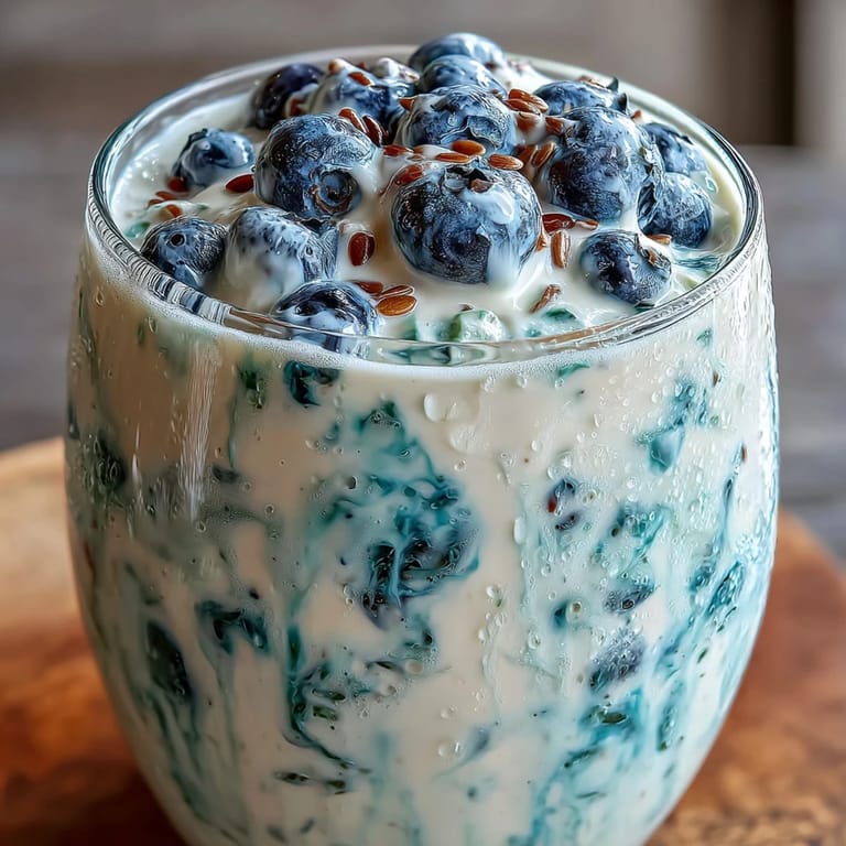 Tangy, thick Probiotic Kefir Smoothie showcasing blueberries and flax, a perfect wholesome drink.