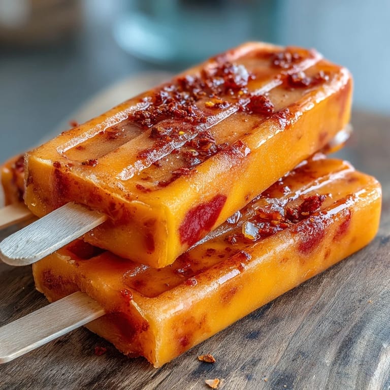 Juicy Fricy Mango Chamoy Popsicles with Tajin, perfect for a cool, tangy treat.