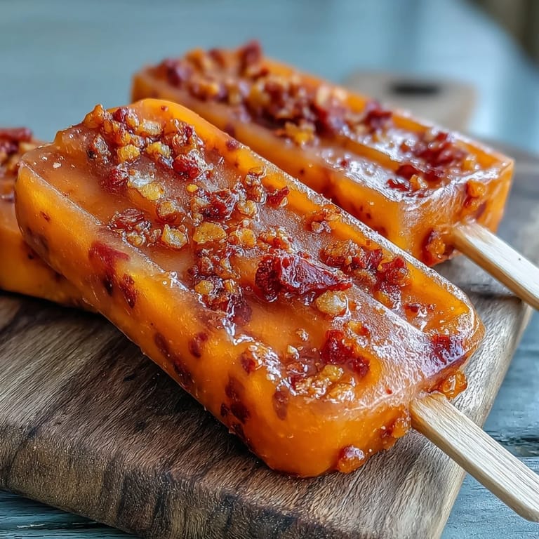 Close-up of colorful Fricy Mango Chamoy Popsicles with Tajin, sprinkled with chili-lime spice.