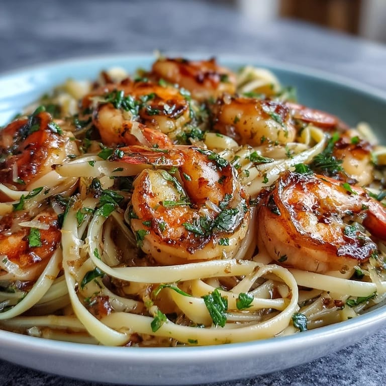 Hearty Shrimp Scampi Linguine entree with a glistening, garlicky sauce perfect for dinner.