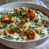A bowl of creamy roasted garlic soup garnished with fresh parsley and croutons, steam rising from the velvety texture.