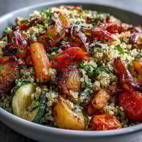 Fluffy Quinoa Vegetable Pilaf overflowing with colorful roasted vegetables and fresh herbs.