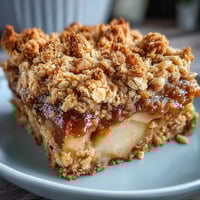 Freshly baked Pear Crumble in a white dish, featuring tender baked pears bubbling under a thick, golden brown oat topping.