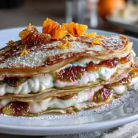 Freshly sliced Blood Orange Curd Crêpe Cake reveals delicate layers of curd and whipped cream, garnished with blood orange zest and edible flowers.