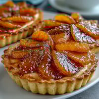 Six glossy Blood Orange Tarts with vibrant crimson fruit slices on a wooden board.