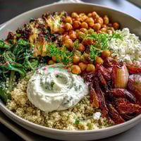 Vibrant Mediterranean Buddha Bowl with roasted vegetables, quinoa, chickpeas, olives, hummus, and feta for a nourishing vegetarian meal.