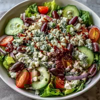 A vibrant Greek salad bowl filled with crisp romaine, juicy tomatoes, cucumbers, and tangy feta, drizzled with classic Greek vinaigrette.