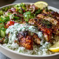 Vibrant Greek chicken bowl with herbed rice, juicy seasoned chicken, fresh tomato-cucumber salad, and creamy tzatziki sauce.  
