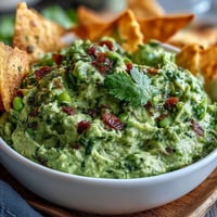 Vibrant green edamame guacamole served with crispy whole wheat pita chips, perfect for healthy snacking.  