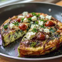 Healthy Easy Spring Veggie Frittata with fresh asparagus, spinach, and cherry tomatoes, baked golden and topped with herbs and feta.