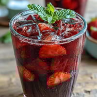 Vibrant red strawberry açaí refresher with fresh fruit slices and mint garnish in chilled glass.