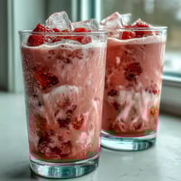 Vibrant pink drink with fresh strawberries, açaí, and coconut milk in a tall glass, garnished with strawberry slices.