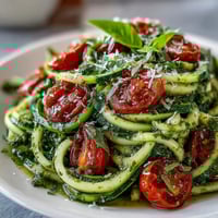Fresh zucchini noodles tossed with basil pesto and juicy cherry tomatoes, a vibrant and healthy summer meal.  
