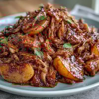 Summer Crockpot: Honey Peach BBQ Pulled Pork in a slow cooker with juicy peaches and tangy BBQ sauce.