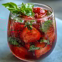 Strawberry Basil Sangria Mocktail with citrus slices and fresh basil in a glass pitcher, garnished with whole strawberries.
