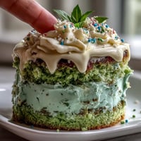Smash cake style mini matcha birthday cake, frosted with creamy vanilla, ready for brunch.