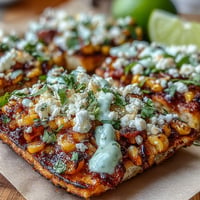 Cinco de Mayo Street Corn Flatbread bursting with charred corn, cotija, and zesty jalapeño crema.