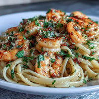 Close-up of Shrimp Scampi Linguine with vibrant parsley and lemon zest.